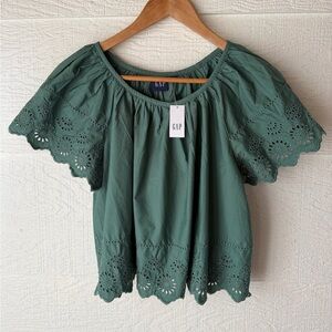 Gap Eyelet Peplum Blouse Green Puff Sleeve Cotton Top Size S NWT